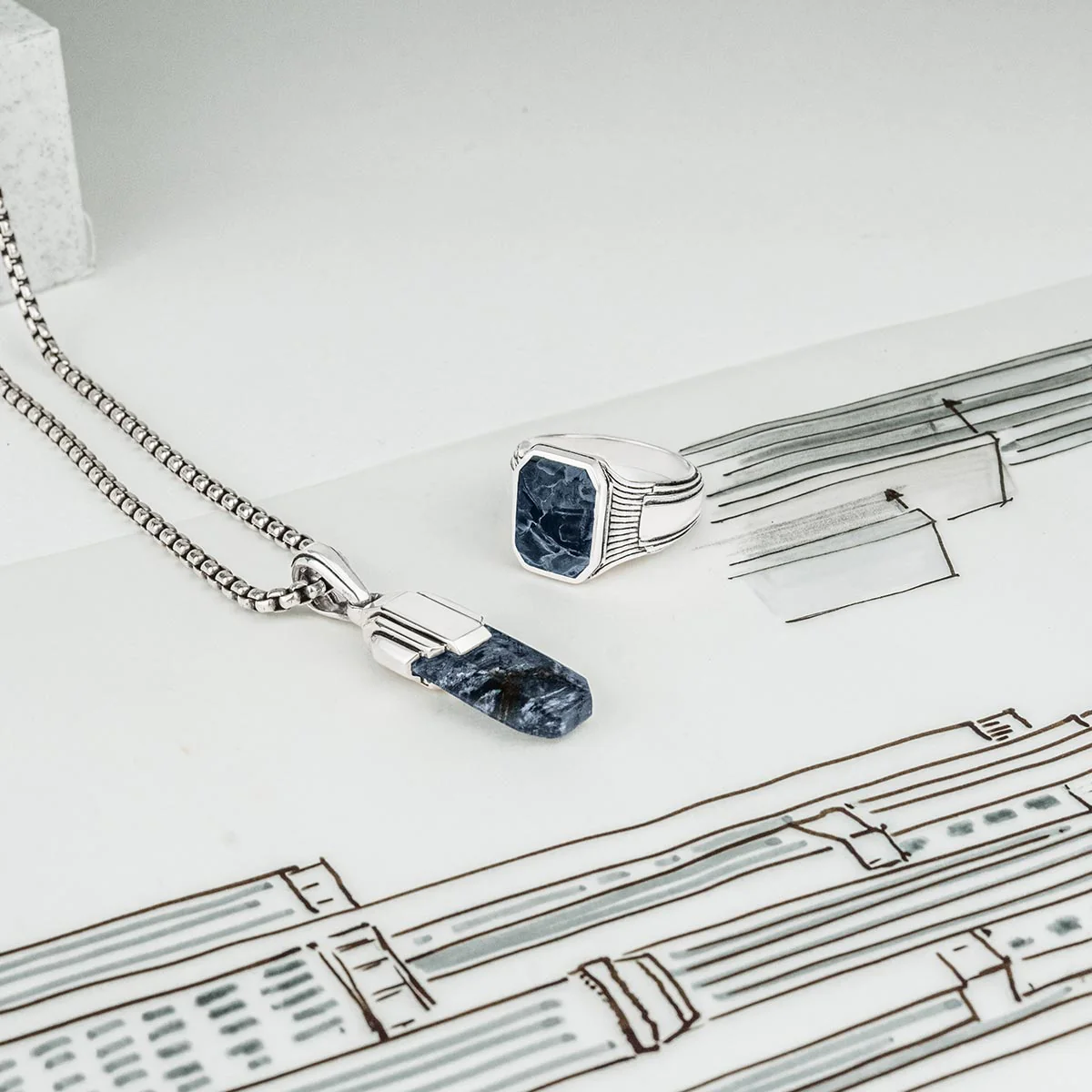 Tahrir - Art Deco Silver Blue Pietersite Pendant - Image 8