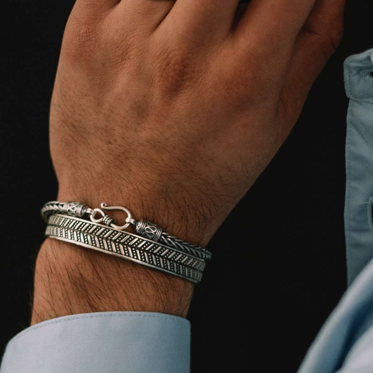 Danyal - Oxidised Sterling Silver Bangle Bracelet 9mm - Image 4