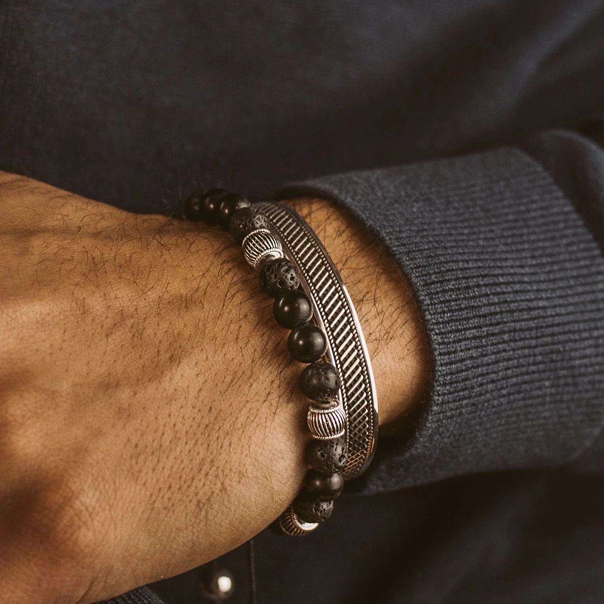 Kaliq - Adjustable Onyx Black Beaded Bracelet in Silver 8mm - Image 4