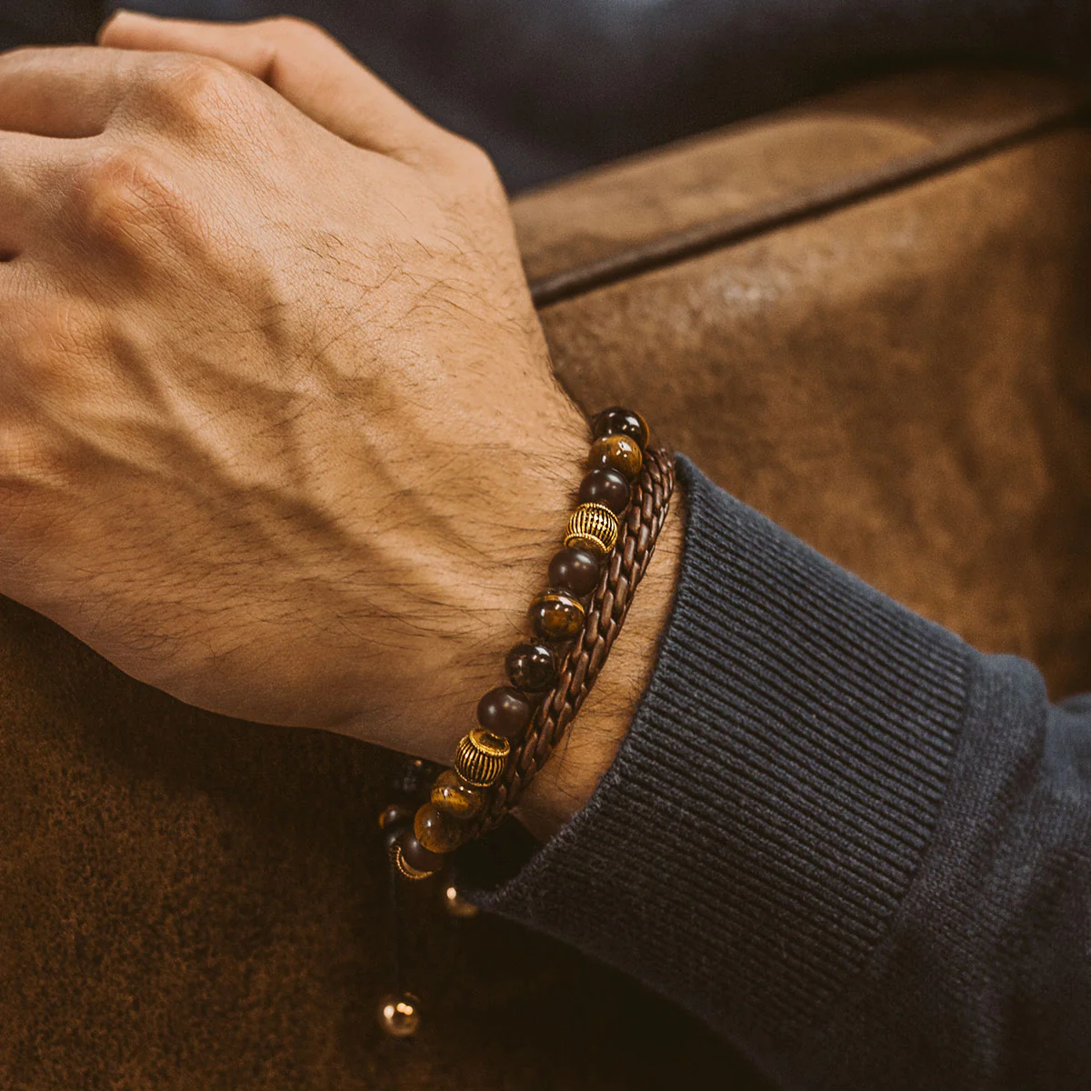 Kaliq - Adjustable Tiger Eye Beaded Bracelet in Gold 8mm - Image 4