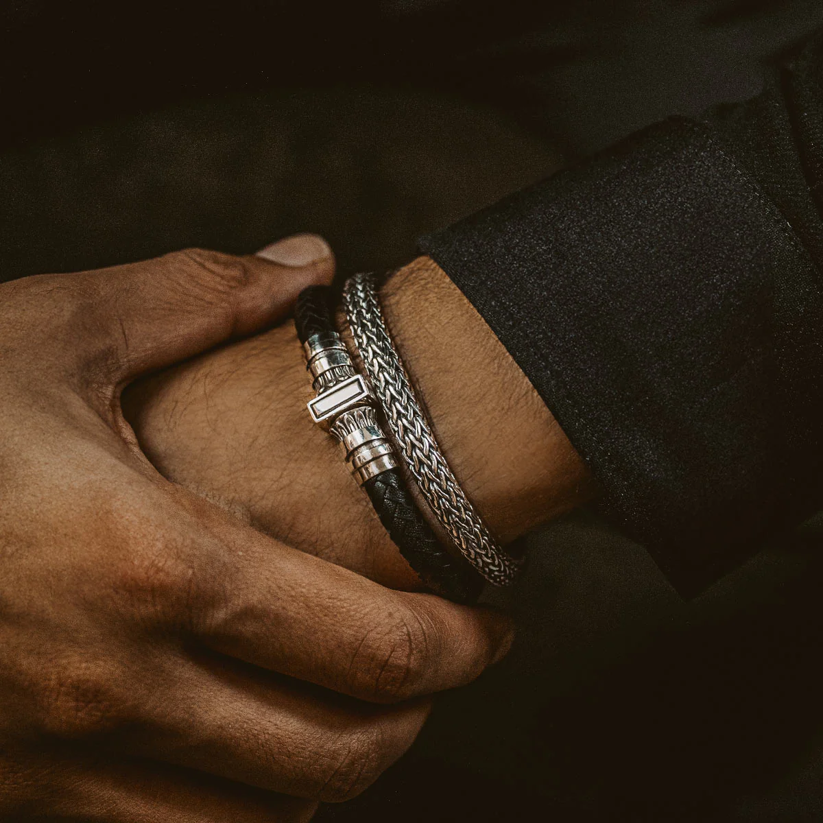 Mirel - Genuine Black Leather Bracelet with Sterling Silver 7mm - Image 4