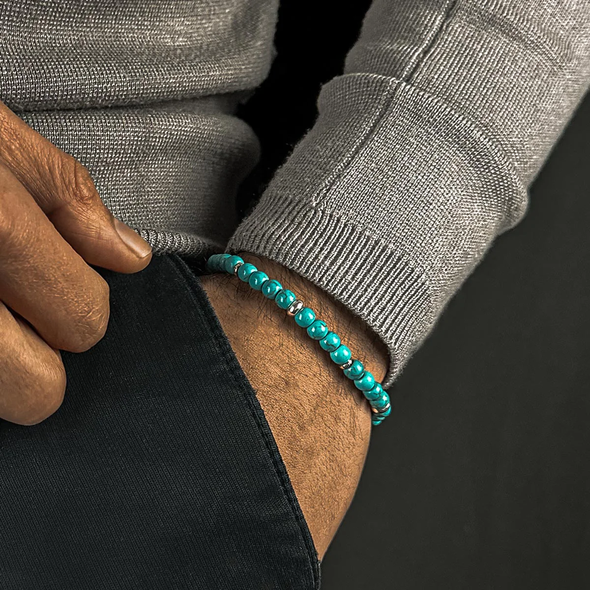 Nuri - Adjustable Turquoise Beaded Bracelet in Silver 6mm - Image 4
