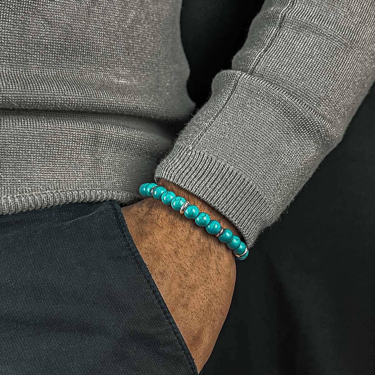 Nuri - Adjustable Turquoise Beaded Bracelet in Silver 8mm - Image 10