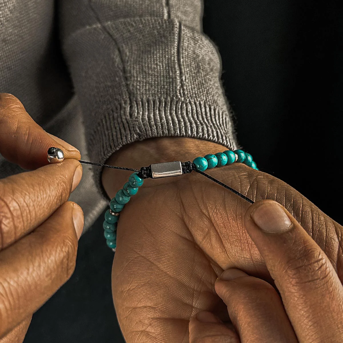 Nuri - Adjustable Turquoise Beaded Bracelet in Silver 8mm - Image 6