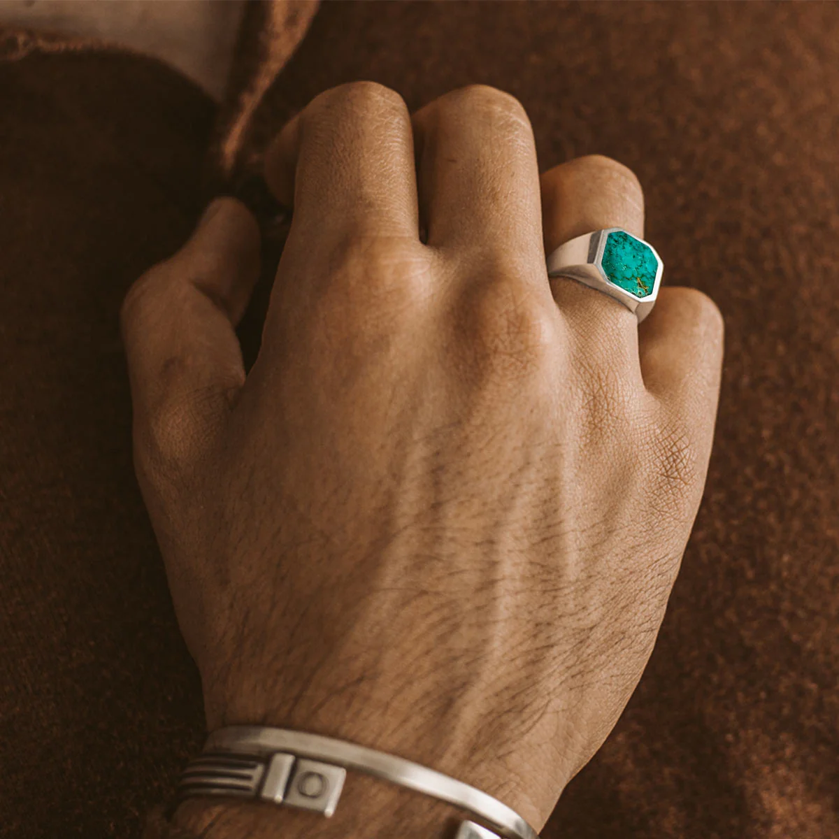 Nuri - Sterling Silver Blue Turquoise Signet Ring 13mm - Image 6