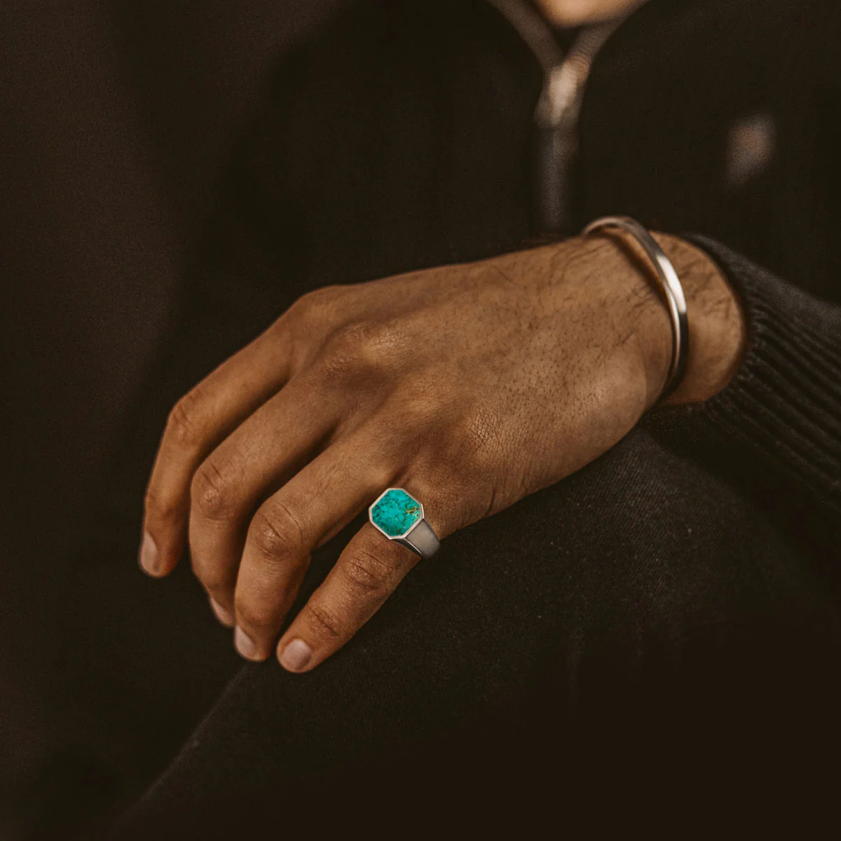Nuri - Sterling Silver Blue Turquoise Signet Ring 13mm - Image 8