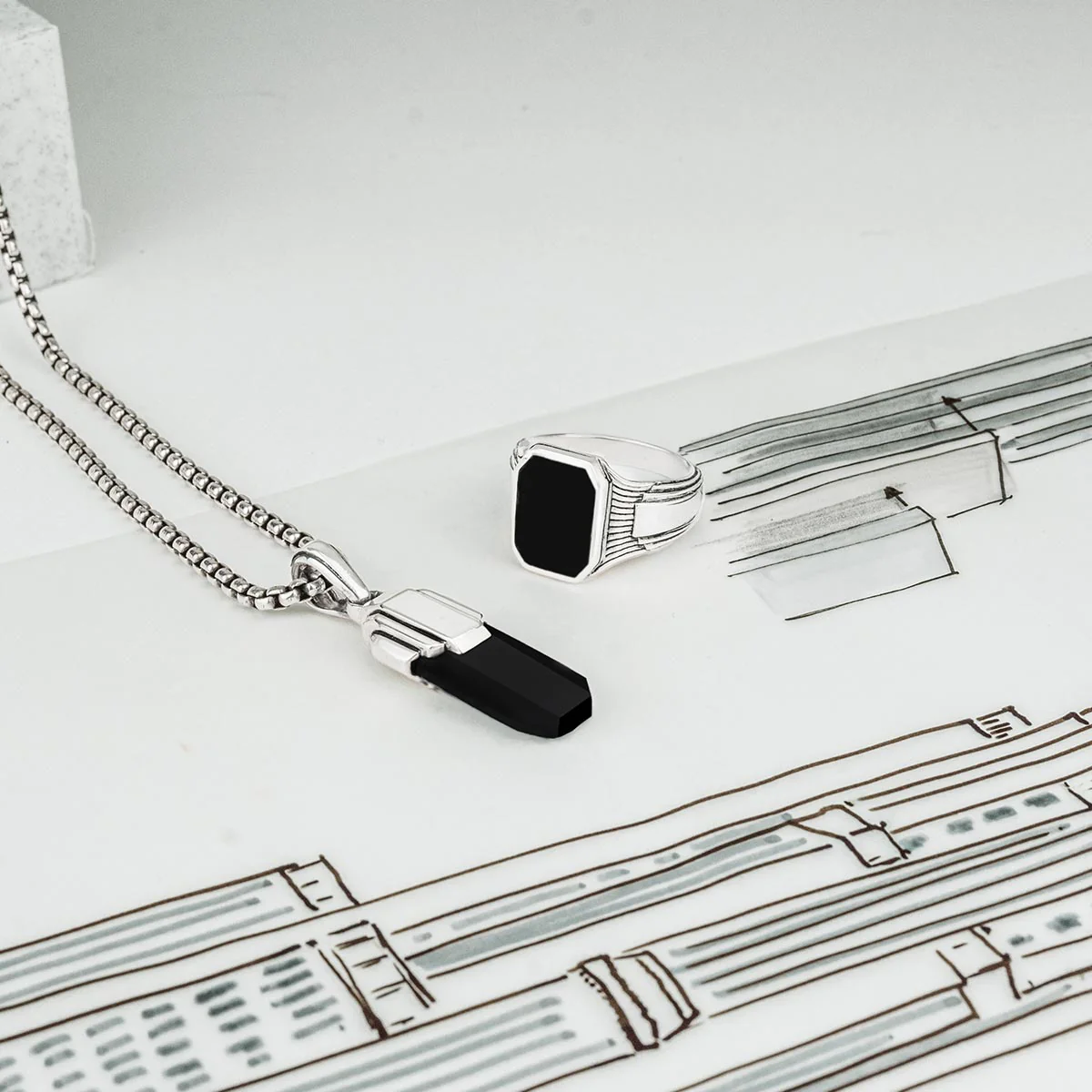 Tahsin - Art Deco Silver Black Onyx Pendant - Image 8