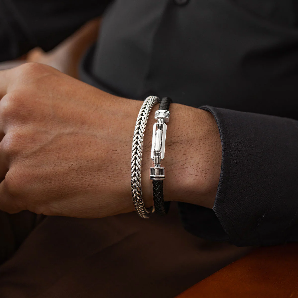 Rasil - Braided Black Leather Bracelet with Sterling Silver 5.5mm - Image 4